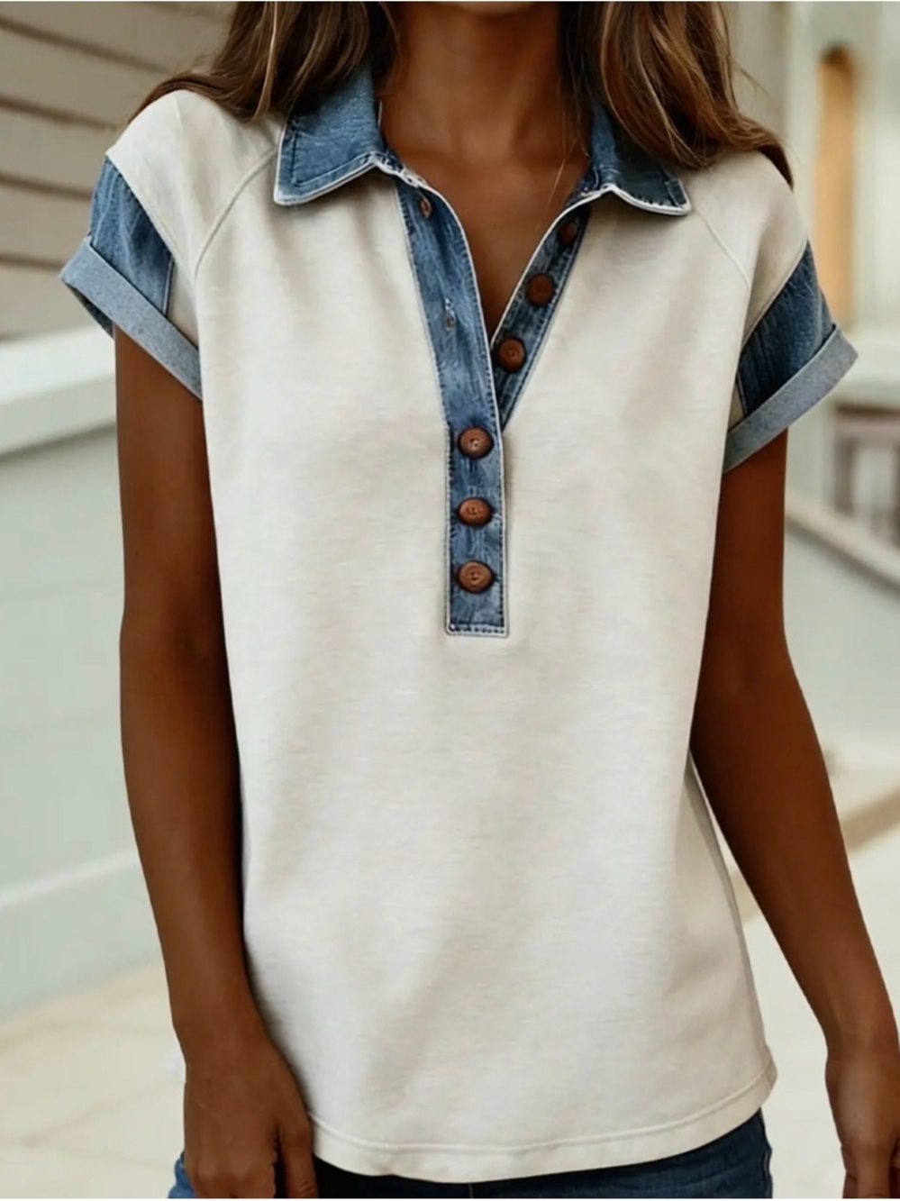 Casual Cream Polo Colorblock Top with Denim Trim
